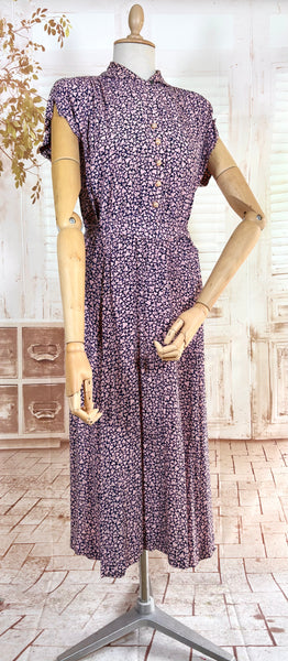 1940s Pink And Navy Blue Abstract Print Rayon Day Dress