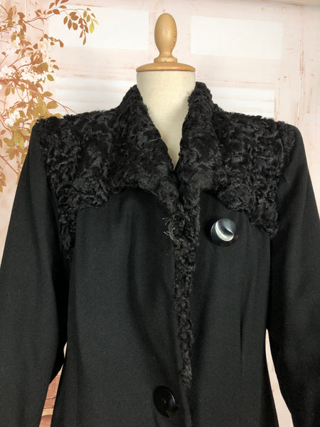 Exquisite Original 1940s Vintage Black Fit And Flare Coat With Strong Shoulders And Astrakhan Details