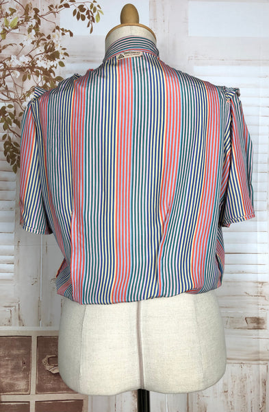 Stunning Original 1930s Volup Vintage Red White And Blue Candy Striped Silk Puff Sleeve Blouse