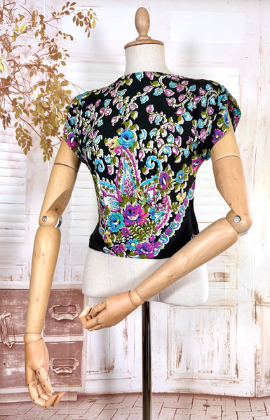 1940s Blouse – Bold Paisley & Floral Print in Magenta, Turquoise & Olive