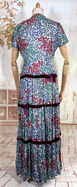 Late 1930s / Early 1940s Tiered Floral Day Dress with Velvet Trim