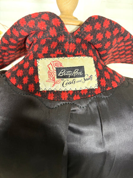 Fabulous Late 1940s Red And Black Check Coat By Betty Rose