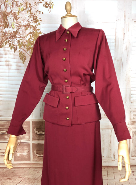 Exceptional 1940s Burgundy Red Gabardine Belted Skirt Suit By Gilbert Original