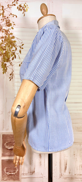 1940s Volup Blue & White Striped Blouse – Gathered Shoulders & Cross-Cut Patch Pocket