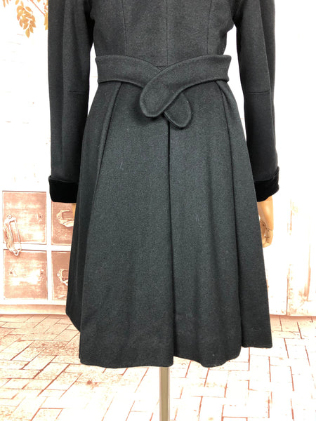 Fabulous Late 1940s Black Double Breasted Princess Coat With Belt Back