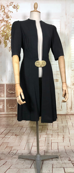 Exquisite 1930s Black Crepe Dress And Redingote Coat With Gold Filigree Buckle