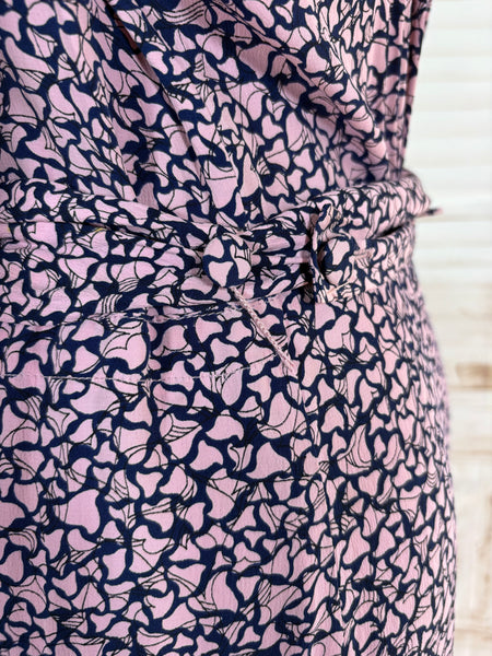 1940s Pink And Navy Blue Abstract Print Rayon Day Dress