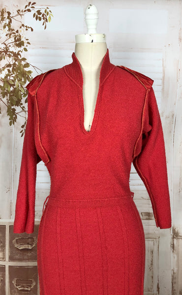 Stunning Late 1940s Vintage Lipstick Red Knit Dress By Kims By Kimberly