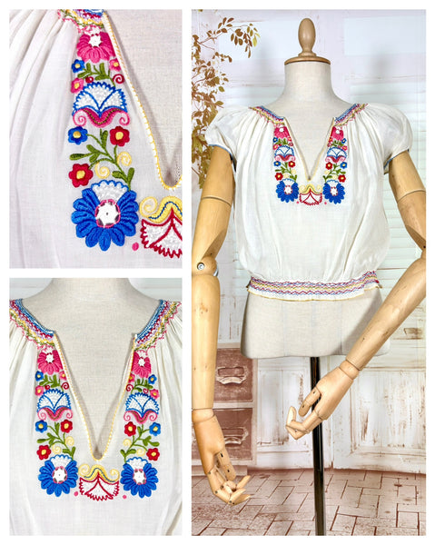 Rare 1930s Hungarian Embroidered Peasant Blouse – Hand Stitched Floral Cotton Top