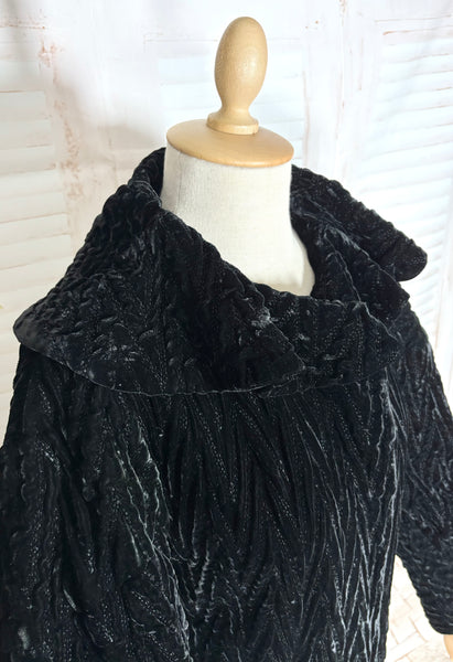 Exceptional 1920s / Early 1930s Black Textured Velvet Coat with Silk Lining and Bishop Sleeves