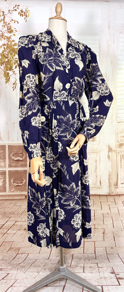 Navy Blue And White 1940s Day Dress With Large Floral Print