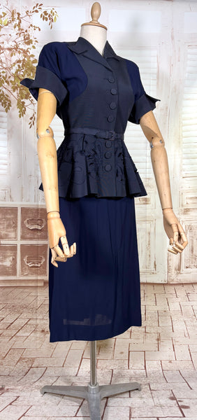 Exceptional 1940s Navy Blue Summer Suit With Pierced Peplum