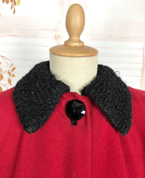 1940s Red Wool Swing Coat by Worth of Boston with Astrakhan Lining
