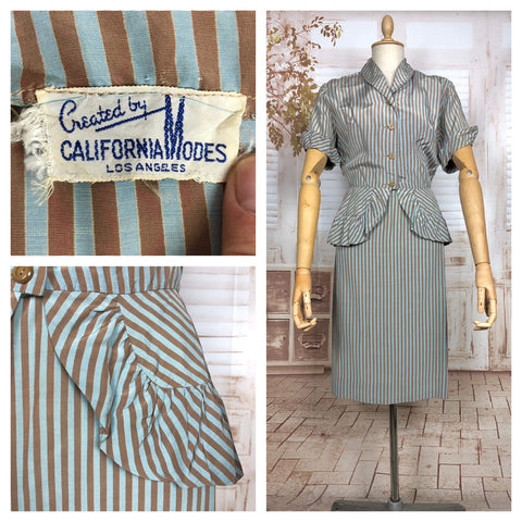 Incredible Original 1940s Duck Egg Blue And Brown Striped Skirt Suit By California Modes