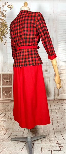 Fabulous 1940s Red And Black Plaid Skirt Suit