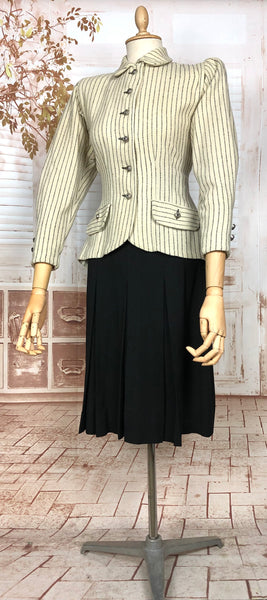 Exceptional Original 1930s Vintage Cream And Black Striped Bustle Back Skirt Suit