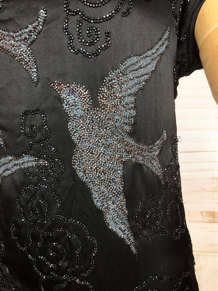 Exceptional Original 1920s Vintage Silk Satin Flapper Dress With Beaded Swallows