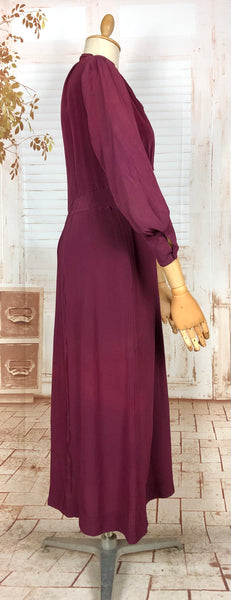 Rare Volup 1930s Burgundy Rayon Dress With Lace Accents And Bishop Sleeves