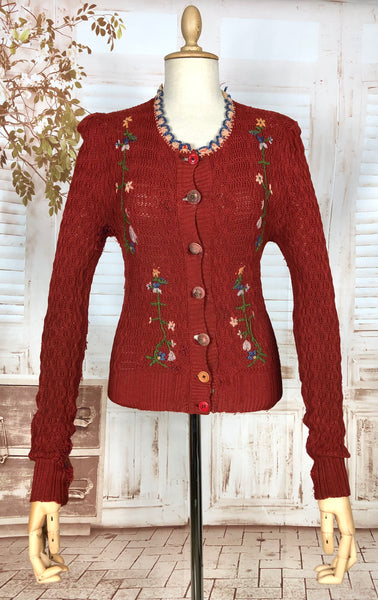 Amazing Original 1930s Vintage Rust Red Folk Embroidered Knit Cardigan