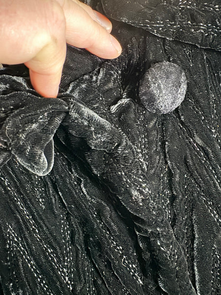 Exceptional 1920s / Early 1930s Black Textured Velvet Coat with Silk Lining and Bishop Sleeves