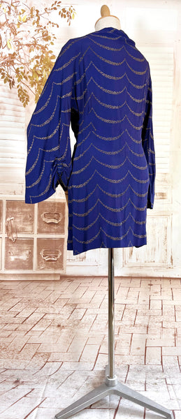1930s Royal Blue Gold Lamé Chevron Coat | Statement Sleeve Antique Evening Coat