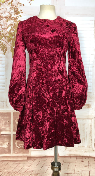 Vibrant Original 1960s Vintage Burgundy Red Crushed Velvet Dress With Bishop Sleeves Japanese