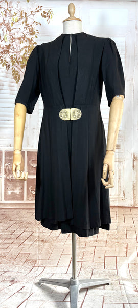 Exquisite 1930s Black Crepe Dress And Redingote Coat With Gold Filigree Buckle