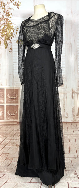 1930s Black Lace Evening Gown with Statement Buckle Detail - Femme Fatale