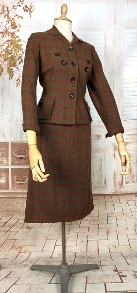 Amazing Original 1940s Volup Vintage Autumn Tone Rust Brown And Green Plaid Skirt Suit