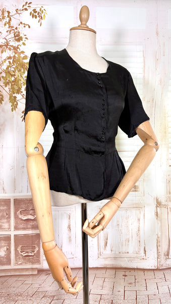 Early 1930s Black Silk Peplum Blouse – Glass Button Front Top