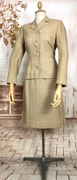 Wonderful Original 1940s Vintage Cream Lightweight Tweed Skirt Suit Tailoring