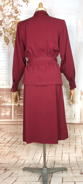 Exceptional 1940s Burgundy Red Gabardine Belted Skirt Suit By Gilbert Original