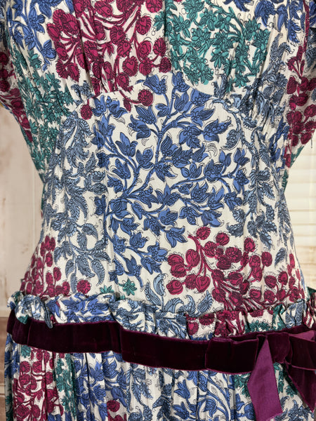 Late 1930s / Early 1940s Tiered Floral Day Dress with Velvet Trim