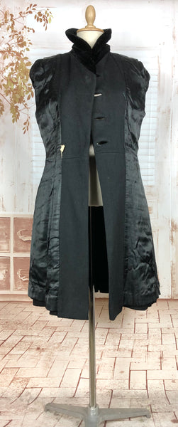Fabulous Late 1940s Black Double Breasted Princess Coat With Belt Back