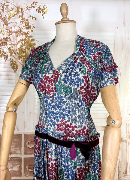 Late 1930s / Early 1940s Tiered Floral Day Dress with Velvet Trim