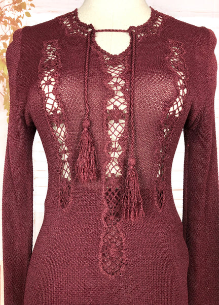 Exquisite Original 1930s Vintage Burgundy Knit Set With Lace Knit Inserts