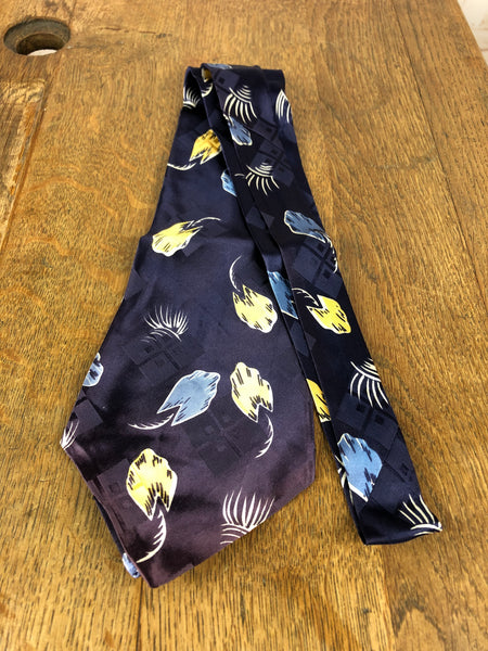 1940s Navy American Rayon Swing Tie with Blue & Yellow Abstract Leaf Print