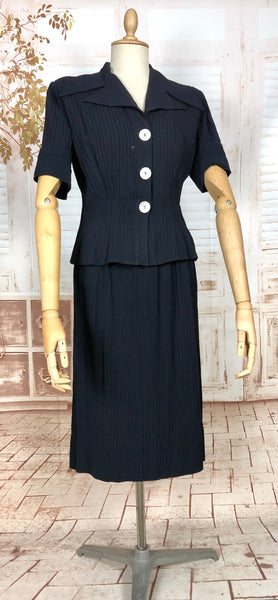 Exquisite Original 1940s Vintage Navy Blue Crepe Skirt Suit With Pin Tucks