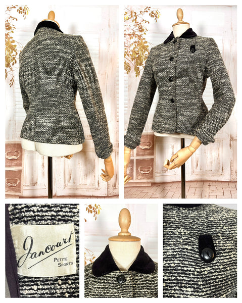 Late 1940s Black & Cream Bouclé Tweed Sports Blazer – Velvet Collar – Jancourt Petite Sports