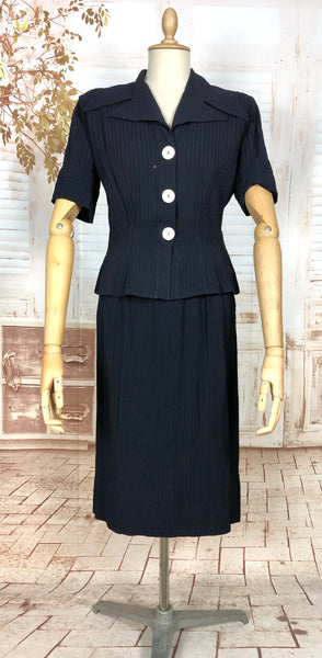 Exquisite Original 1940s Vintage Navy Blue Crepe Skirt Suit With Pin Tucks