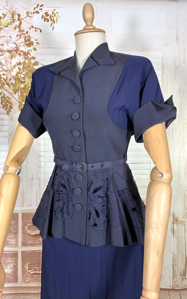 Exceptional 1940s Navy Blue Summer Suit With Pierced Peplum