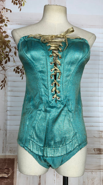 Incredible Original 1950s Turquoise And Hold Lurex Swimsuit Playsuit