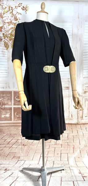 Exquisite 1930s Black Crepe Dress And Redingote Coat With Gold Filigree Buckle