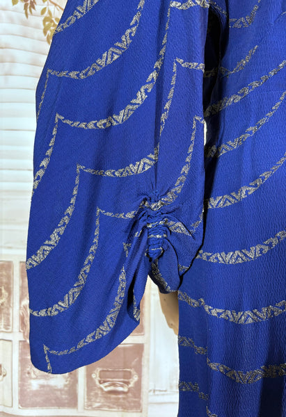 1930s Royal Blue Gold Lamé Chevron Coat | Statement Sleeve Antique Evening Coat