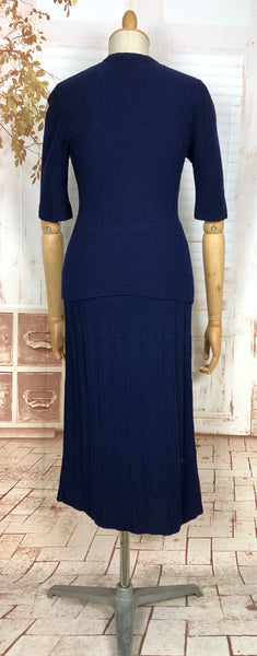 Cozy 1940s Royal Blue Knit Set with Geometric Detailing