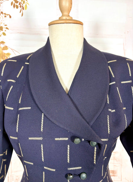 1940s Navy Wool Tailored Jacket – Woven Cream Rope Pattern, Shawl Collar