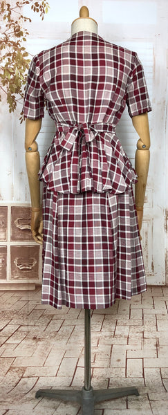 Fabulous Original 1940s Vintage Bustle Back Skirt Suit In Pink And Berry Plaid