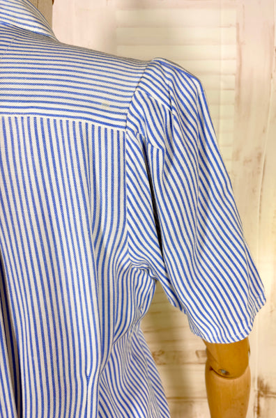 1940s Volup Blue & White Striped Blouse – Gathered Shoulders & Cross-Cut Patch Pocket