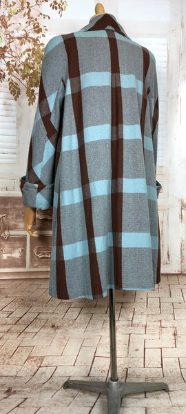 Superb Original 1940s Vintage Brown And Aqua Turquoise Plaid Coat