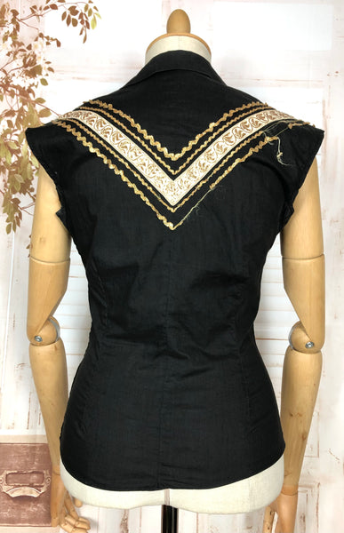 Fabulous Original 1950s Vintage Black And Gold Trimmed Patio Blouse